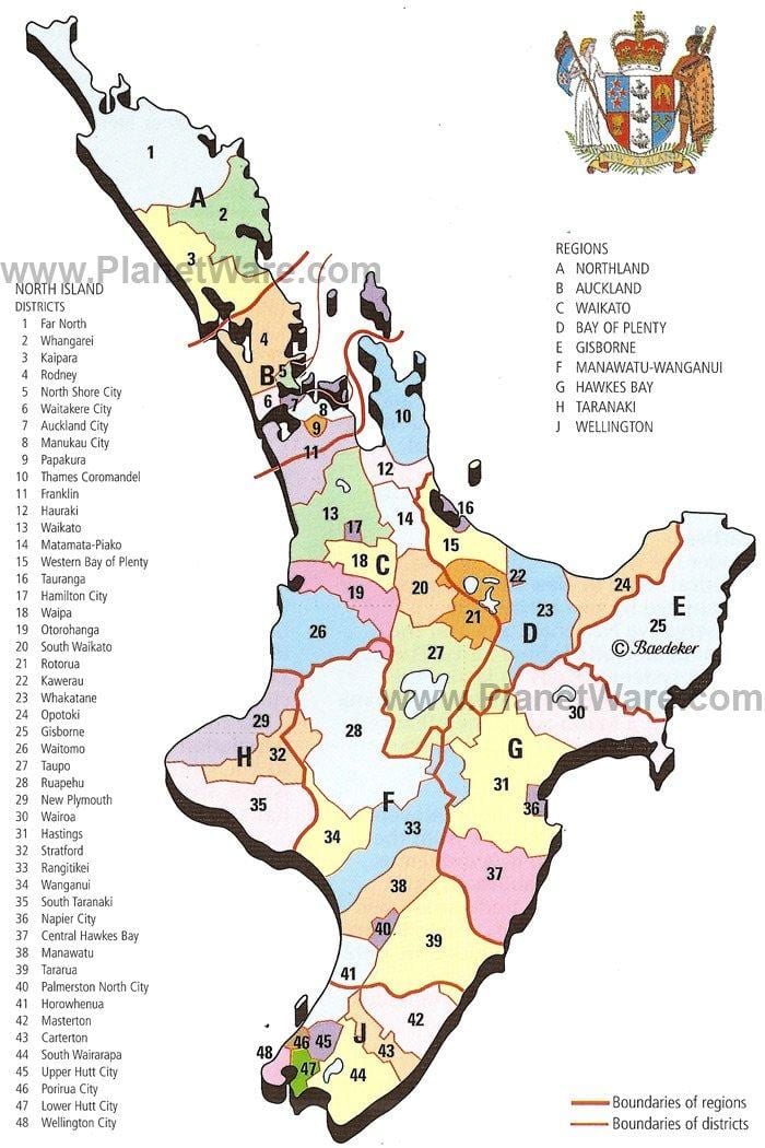 harta noua zeelandă, insula de nord, regiuni și districte