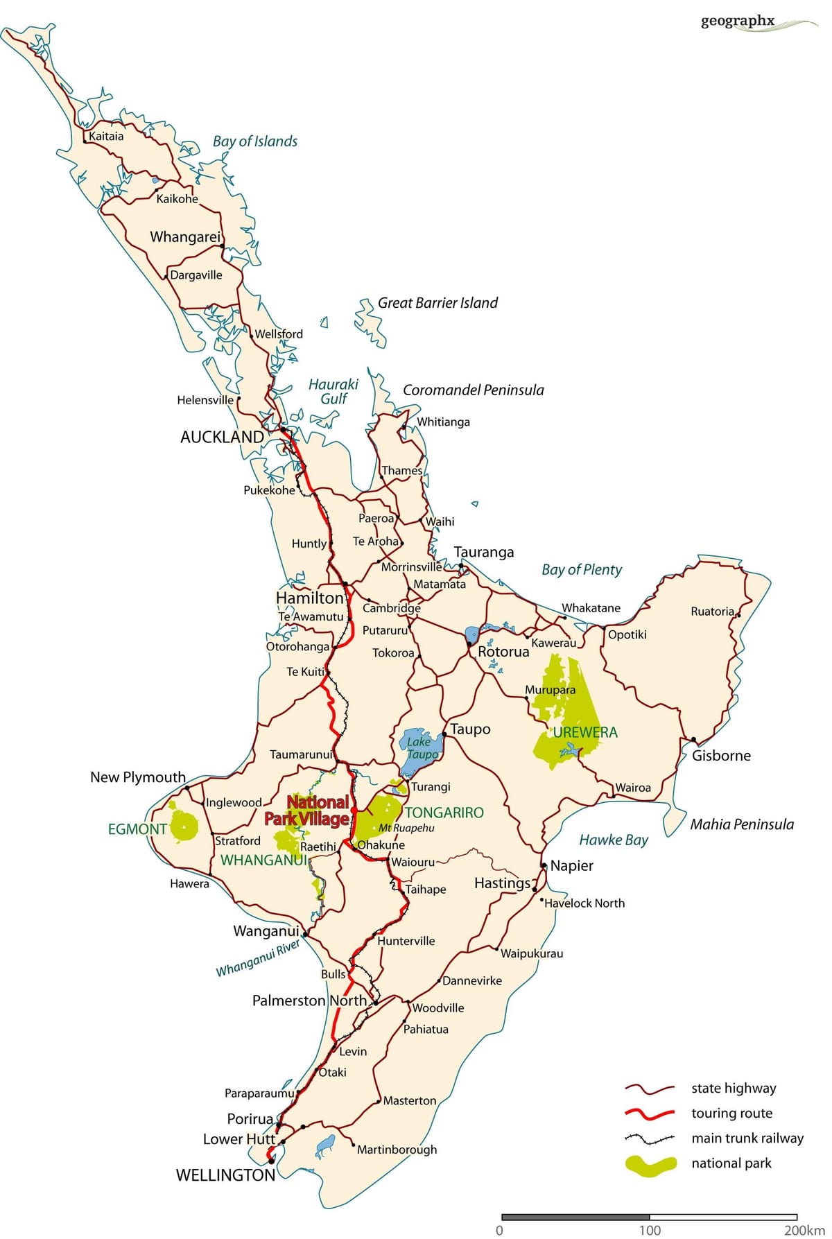 detaliat, harta rutiera a insula de nord, noua zeelandă