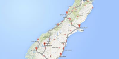 Detaliat, harta rutiera a insula de sud din noua zeelandă