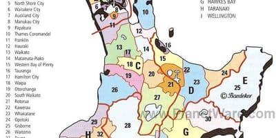 Harta noua zeelandă, insula de nord, regiuni și districte
