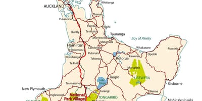 Detaliat, harta rutiera a insula de nord, noua zeelandă